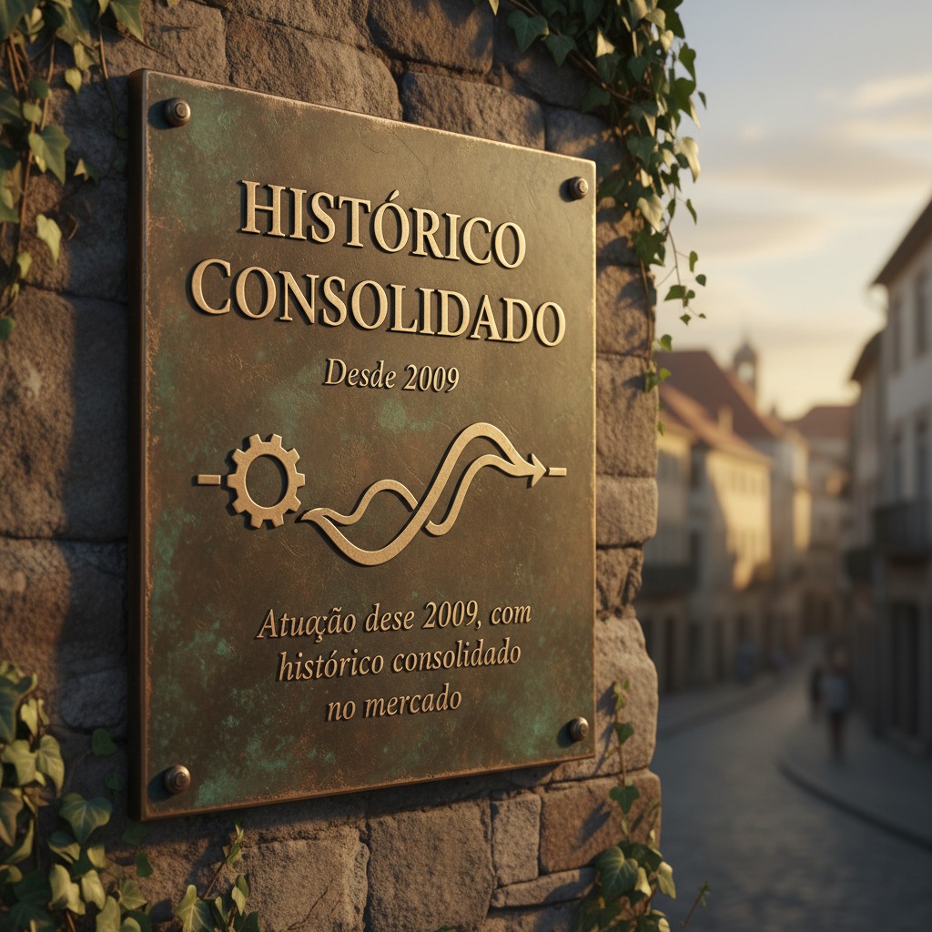 Placa de bronze com o texto "Histórico Consolidado" e a data "Desde 2009", afixada em um muro de pedra.