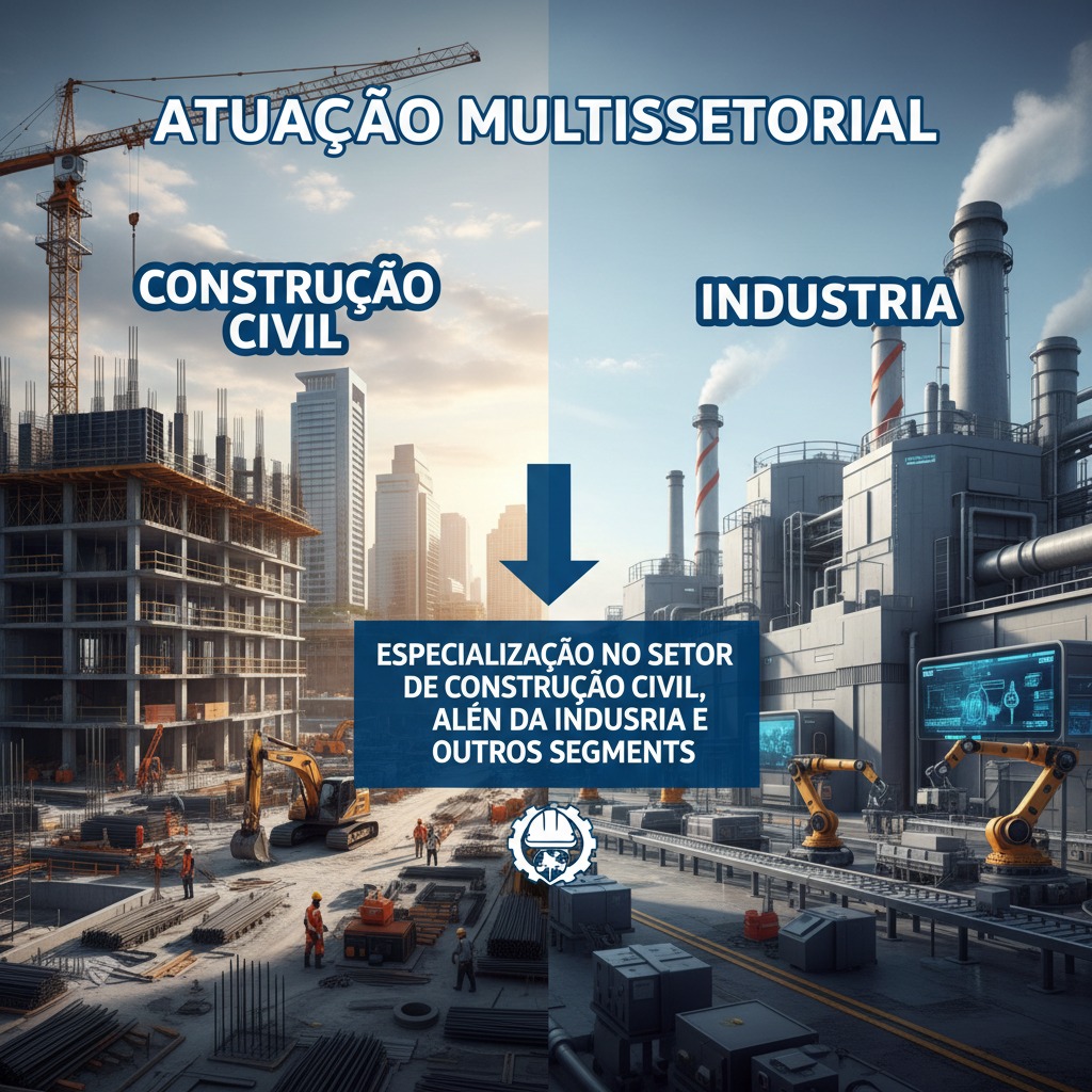 Imagem dividida ao meio comparando a construção civil, com um prédio em obras e guindaste, à esquerda, com a indústria, com chaminés e maquinário automatizado, à direita.