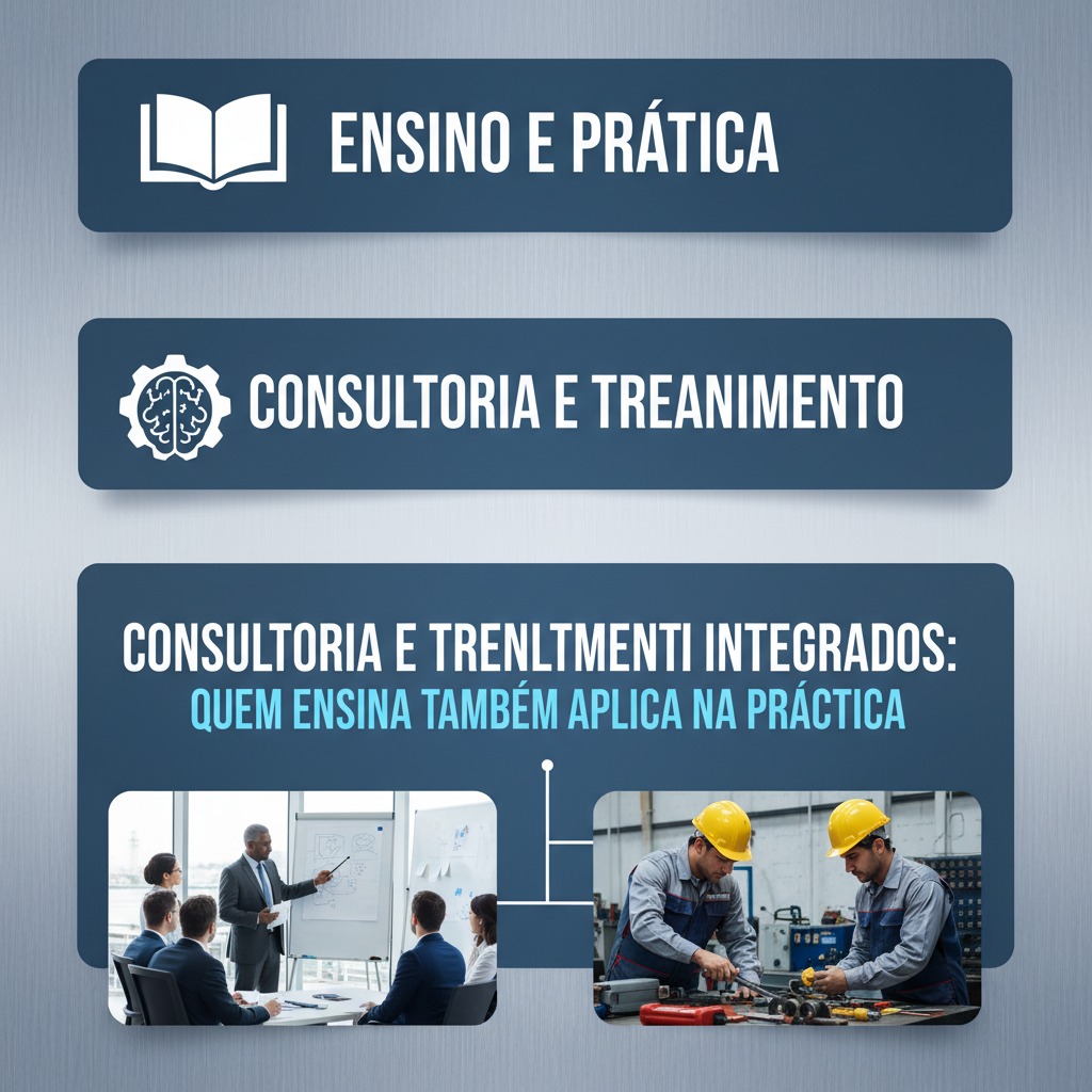 Infográfico em três seções em azul com textos sobre ensino, consultoria e treinamento integrados.