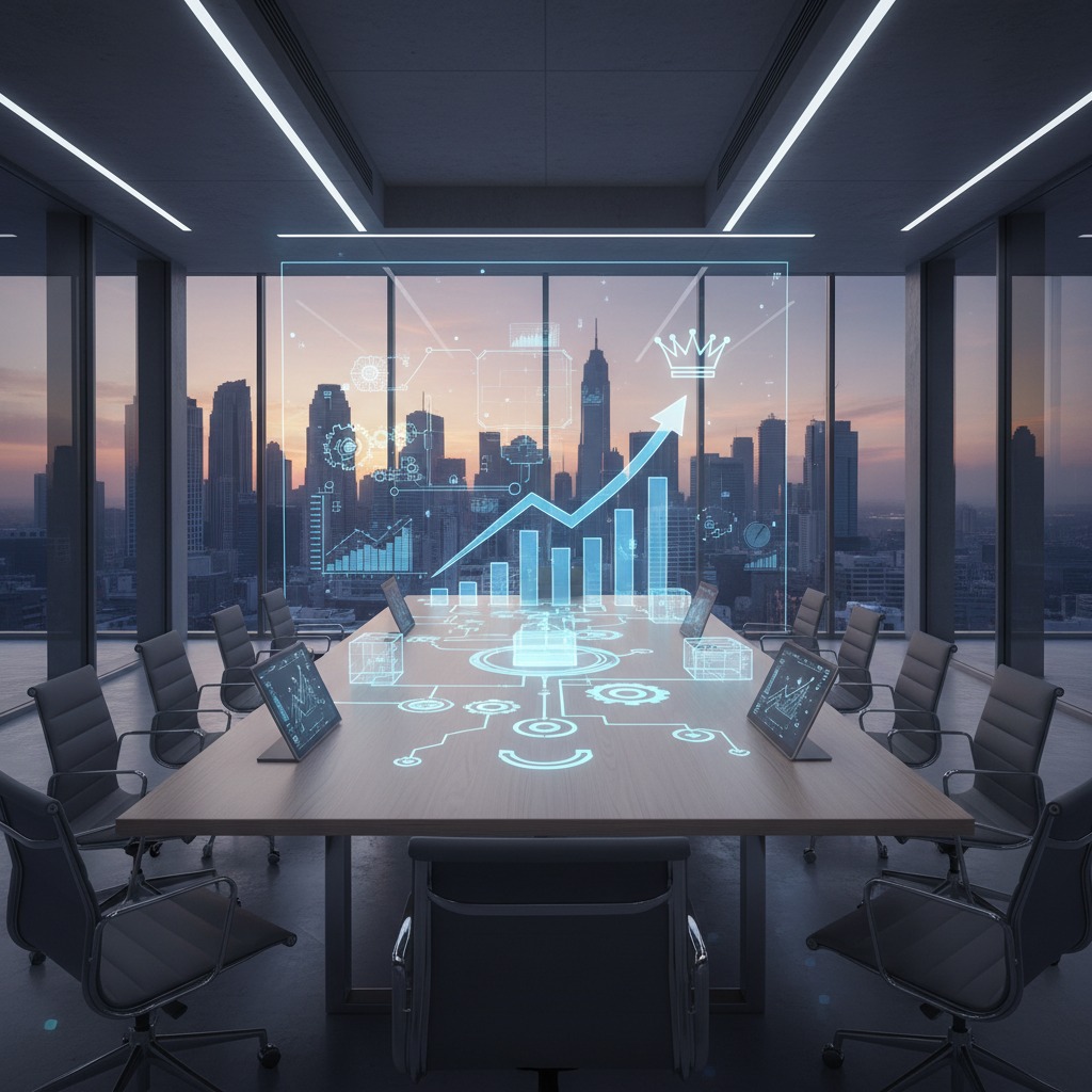 Sala de reuniões moderna com uma grande mesa de madeira cercada por cadeiras pretas e gráficos digitais holográficos flutuantes sobre a mesa, tendo ao fundo janelas de vidro do chão ao teto com vista para a silhueta de uma cidade ao amanhecer.