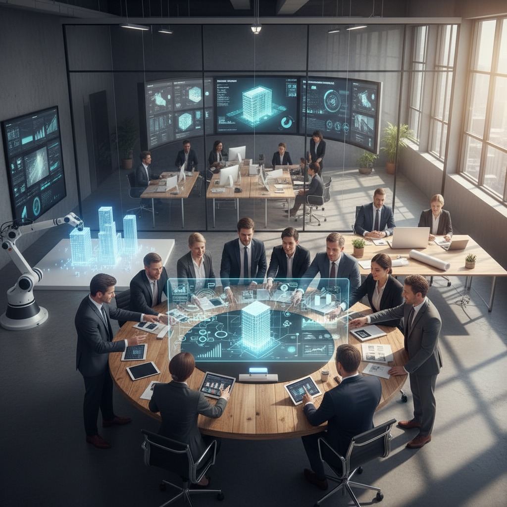 Profissionais em uma sala de reuniões corporativa colaboram ao redor de uma mesa redonda com hologramas digitais, enquanto outros trabalham em mesas e escritórios conectados ao fundo.
