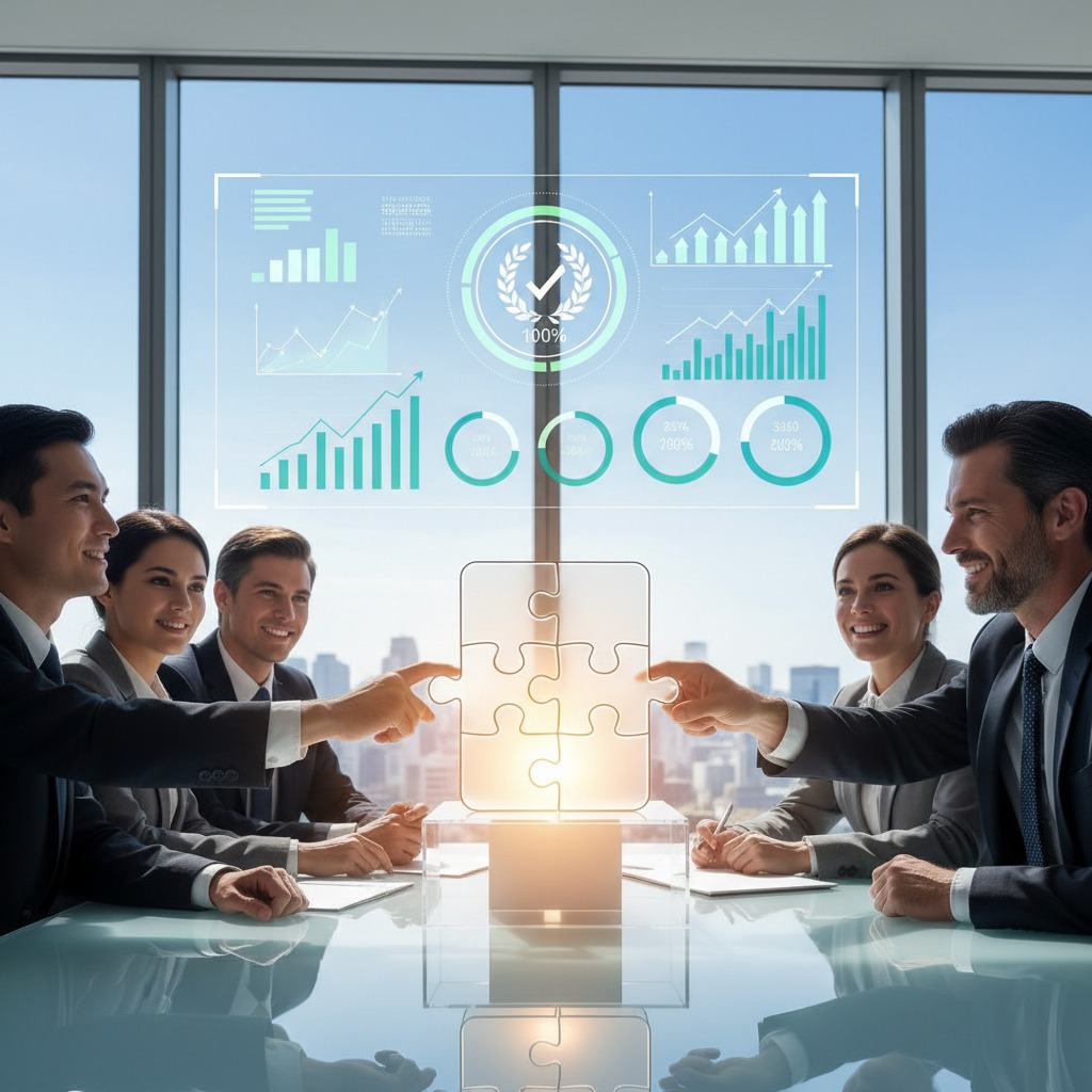 Profissionais sentados ao redor de uma mesa de reunião apontam para um quebra-cabeça luminoso que se encaixa, com gráficos virtuais flutuando acima deles.